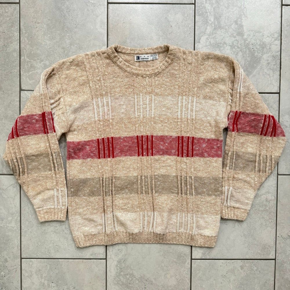 Vintage Ron Chereskin Cotton Knit Sweater Size XL Creme Red Coogi Style